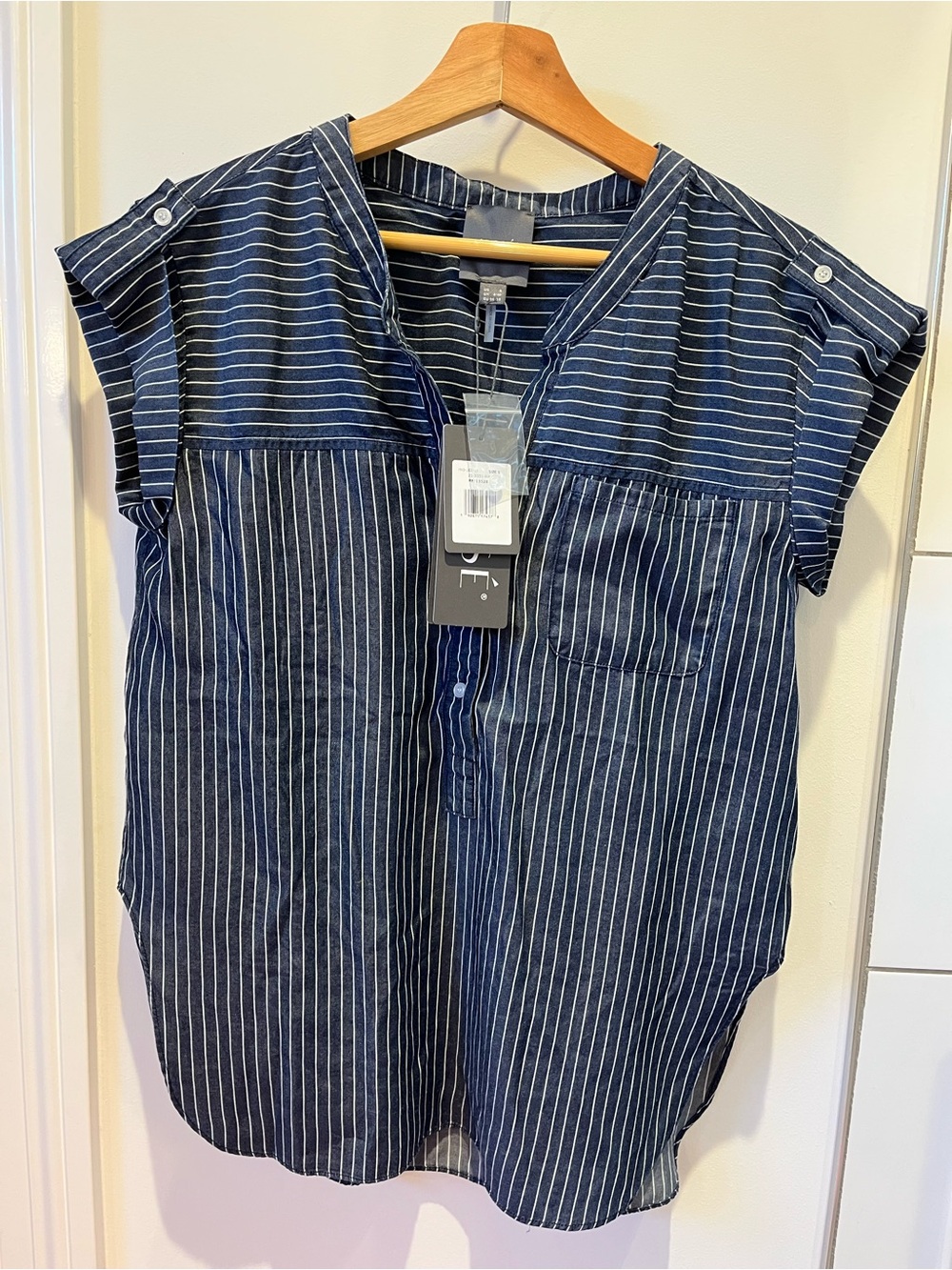 Lysse Navy and White Striped Short-Sleeve Henley Blouse